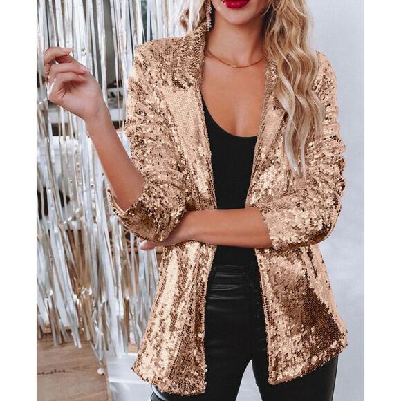 NWT Gold Sequin Jackets Open Front Blazer Shiny Jacket Sparkly Cardigan X Large - Picture 5 of 7